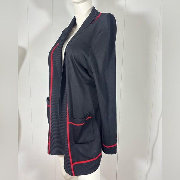 Mistook Sz Small Black Open Front Longline Cardigan With Red Trim Front Pockets - Picture 4 of 11